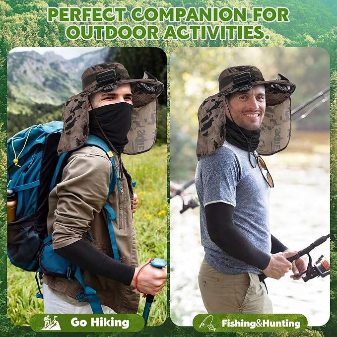 3 Pcs Solar Fan Hat with Arm Sleeves Neck Gaiter Wide Brim Sun Hat Solar Powered USB Charging for Men Women