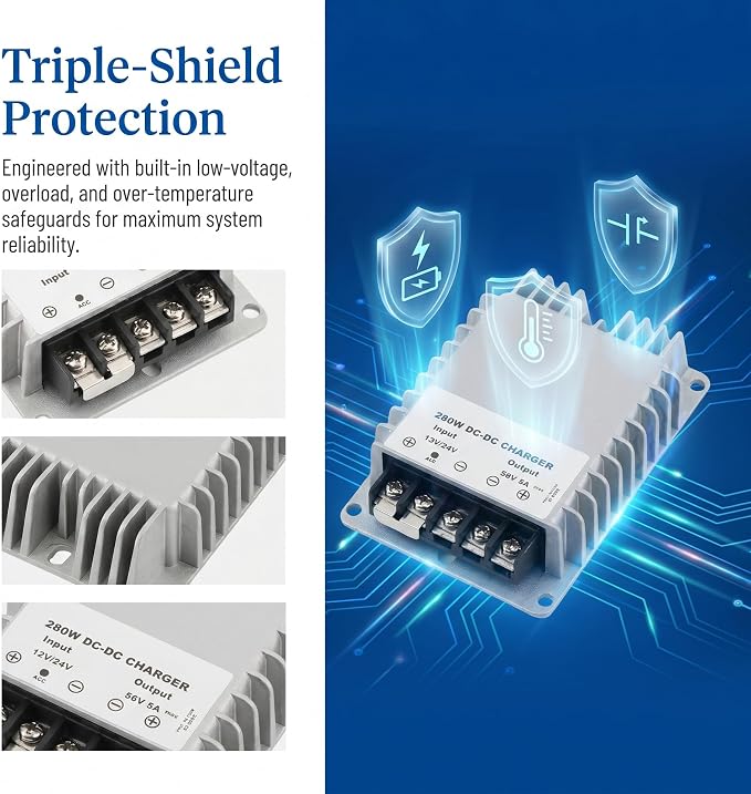 DC 12V/24V to DC 56V 5A Power Converter Auto Boost Regulator Supply Module | Aluminum Shell; Passive Cooling; Quiet Operation; High Efficiency; 100,000-hour lifespan; Protection