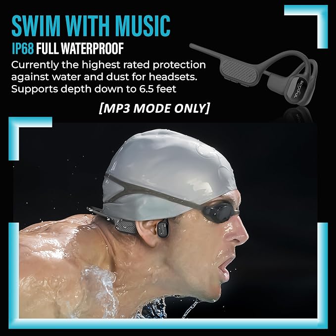 Bone Conduction Swimming Headphones, IP68 Waterproof Bluetooth & 64GB MP3 Player, Open-Ear Water Headphones for Swimming with Mic, Secure Fit, Great for Running, Cycling, and Workouts