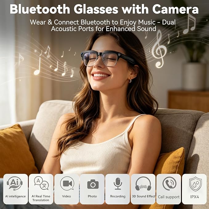 AI Smart Glasses with camera, Continuous AI Chat, 8MP Camera Glasses, 1080P Recording Glasses for Men Women,Hands-Free Music & Calls,Real-Time Translation,Ideal for Business Meetings,Travel,&Daily Use