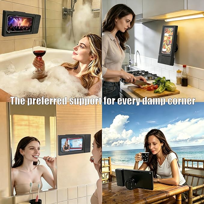 Shower Phone Holder with Wireless Bluetooth Speaker for iPhone,2026 New Waterproof 480° Rotation Adjustable Shower Phone Case Accessories, Wall Phones Mount Stand Speakers for Bathroom Mirror