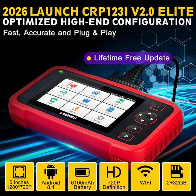LAUNCH CRP123I V2.0 Elite OBD2 Scanner for All Cars&Brands,2026 Lifetime Free Update Engine ABS SRS Transmission Car Scanner,Oil/Brake/BMS/SAS/DPF/ABS Bleeding/Throttle Adaption,FCA SGW,Battery Test