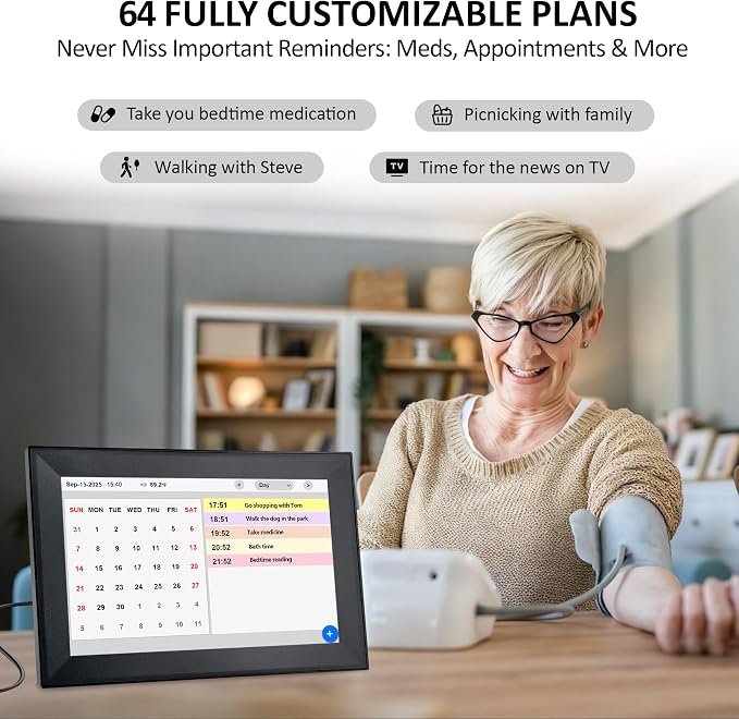 WiFi 10.1 Inch Digital Alarm Clock for Seniors, Large Display with Day/Date Smart Touchscreen Electronic Calendar 64 Alarms 64 Reminders Dementia Alarm Clock for Elderly（Black）
