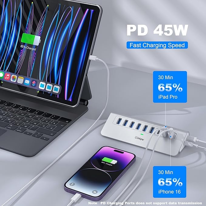 Powered USB Hub 10Gbps, intpw 9-Port USB 3.2 Hub, USB C Hub with USB A/USB C 3.2, 4 USB 3.0, 2 PD 45W Charging Ports, 65W Power Adapter and 3.3FT Cable, Aluminum USB Hub for PC,Laptop,iPhone 17/16/15