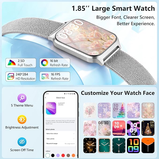 Smart Watch Women Men, 1.85’’ Lightweight Fitness Tracker Make/Answer Call, HR/Blood Pressure/Sleep Monitor, 110+Sport Modes, Waterproof Reloj inteligente Compatible for Android & Samsung & iPhone