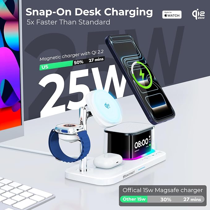 Qi2.2 25W Magnetic Wireless Charging Station, 5-in-1 Charger Stand with Bluetooth Speaker, Alarm Clock & Night Light for iPhone 12–17, Apple Watch, AirPods, Galaxy & Pixel (Qi)