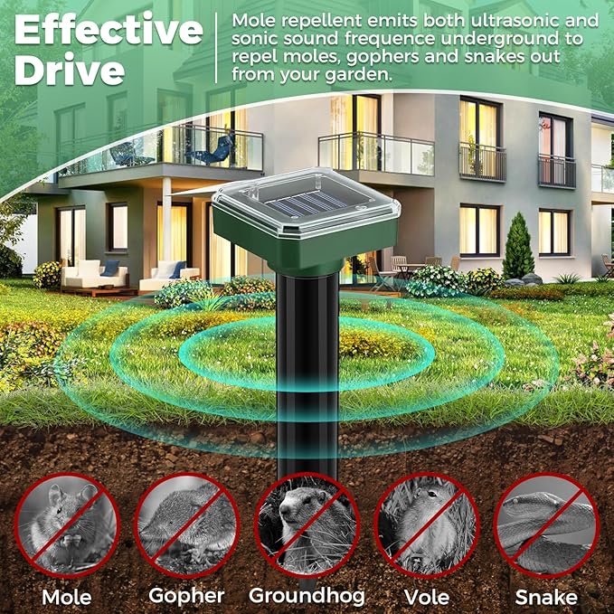 Mole Repellent Solar Powered 10 Pack,Ultrasonic Gopher & Snake Deterrent Spikes, IP44 Waterproof Vole Groundhog Chipmunk Repeller, Outdoor Sonic Stakes for Lawn Garden Yard & Farm Protection