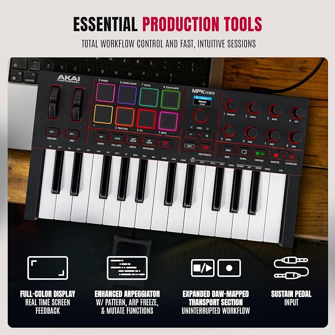 Akai Professional MPK Mini IV USB-C MIDI Keyboard Controller for Beginners and Producers - MPC Drum Pads, 360° Knobs, Pitch and Mod Wheels, Production Software, Native Instruments Sound Package, Black