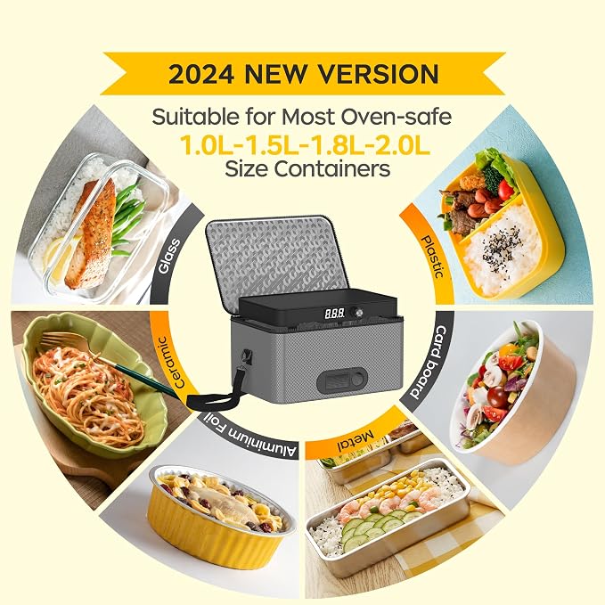 Portable Oven, 12V 24V 110V-240V Car Food Warmer Portable Personal Mini Oven Electric Heated Lunch Box for Meals Reheating & Raw Food Cooking for Road Trip/Camping/Picnic/Family Gathering(Gray)