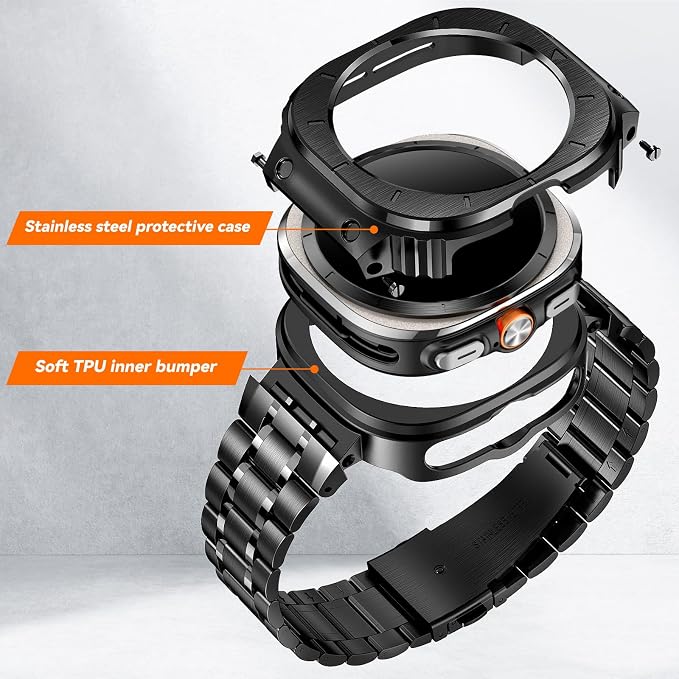 BAITEYOU Stainless Steel Bands with Case Compatible with Samsung Galaxy Watch Ultra 2/1 47mm (2025 2024), Rugged Protector Cover Metal Band for Galaxy Watch 7 8 Ultra for Men (Black)