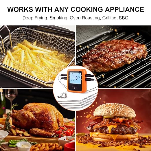 Wireless Meat Thermometer Digital for Outside Grilling BBQ Oven and Smoking, 4 Meat Probes Grill Thermometer for Home Chefs Cooking Turkey Fish Beef Bluetooth 330ft Range Temp Sensors