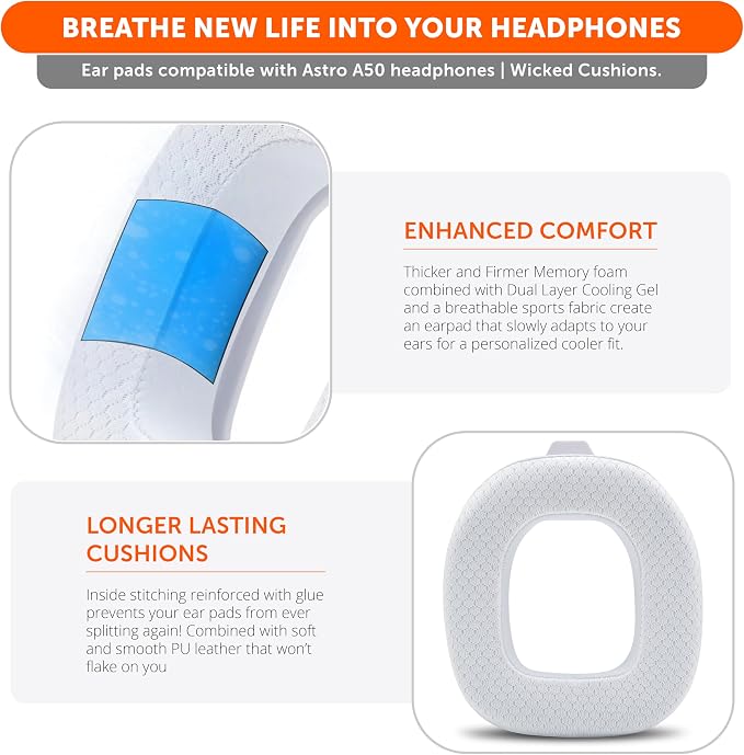 WC Freeze A50 - Cooling Gel Replacement Earpads for Astro A50 Gen 4, Gen 5 and A50X Only, Made by Wicked Cushions, Improved Durability, Thickness and Sound Isolation |