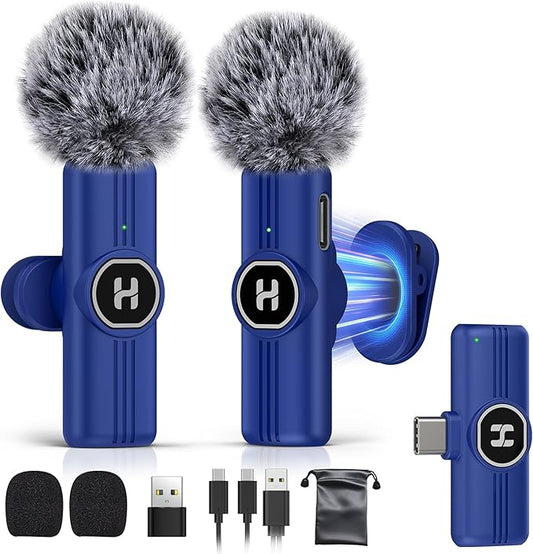 USB C Mini Wireless Lavalier Microphone for iPhone 15 16, iOS and Android Devices - Noise Reduction Lapel Mic for Recording, Clip Omni Lav Mic for Video Recording, Tiktok, Youtube, Vlog (Blue)