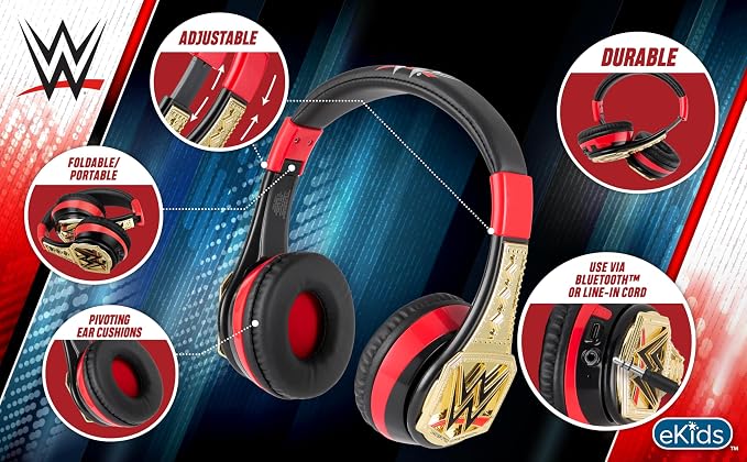 WWE Bluetooth Headphones for Kids, Volume Reduced Wireless Headphones for School Home or Travel (WWE)