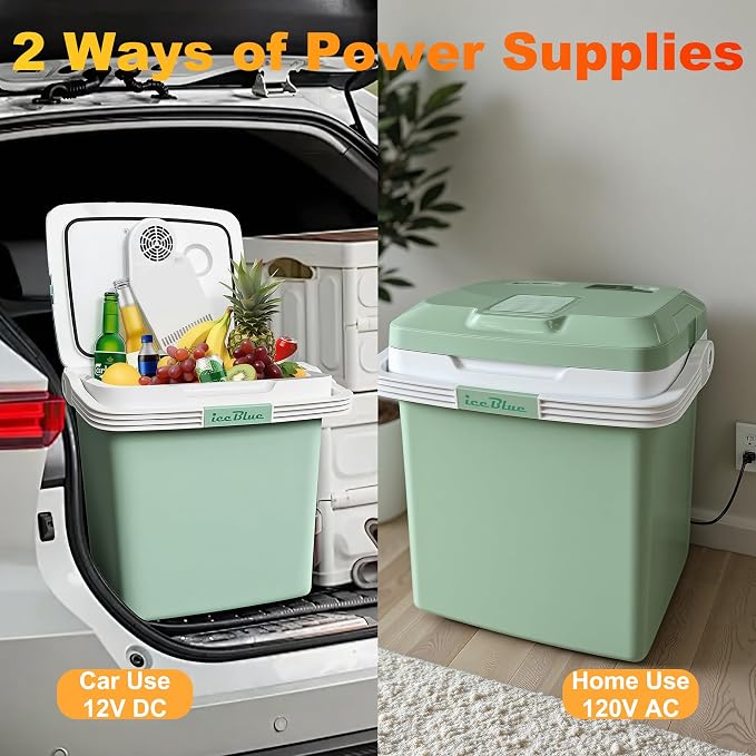Iceblue Electric Cooler, 26 Liters/28 Cans Mini Fridge with Automatic Locking Handle, 120V AC Home Power Cord & 12V Car Adapter Car Refrigerator, Car Fridge for Home, Car, Gift - Green
