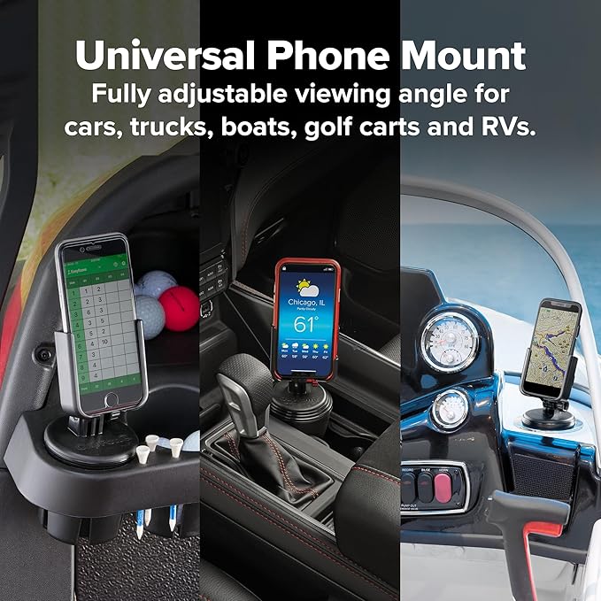 WeatherTech CupFone, Universal Cup Holder Phone Mount for Cars – Adjustable & Secure Fit with Open Access for Charging – Compatible with iPhone, Android - Metal Knobs, Silver