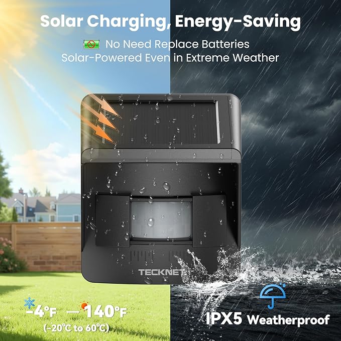 TECKNET Solar Wireless Driveway Alarm with 2600FT Long Range & 36 Melodies & 5 Volumes and Supports 4 Zones Weatherproof Motion Sensor Alarm to Protect Inside/Outside Property (1 Receiver 3 Sensor)