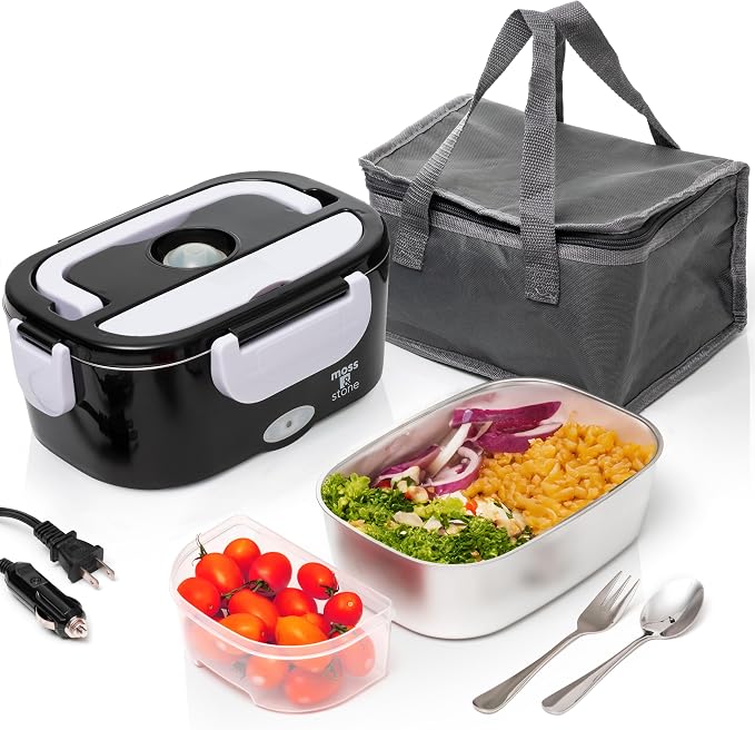 Moss & Stone Electric Lunch Box Food Heater for Adults Black & White Food Warmer Lunch Box, 12/24/110v Lunch Box Warmer Portable For Work/Car/Truck, Fork & Spoon & 1.5L Removable S.S Container