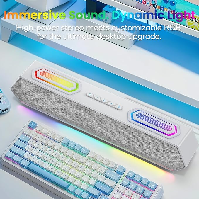 Deeyaple Computer Speakers, 40W PC Speakers for Desktop Monitor with Bluetooth 5.3 & USB Audio, HiFi Stereo Gaming Soundbar with Custom EQ Software, Dynamic RGB Lighting for Laptop, PS4, PS5, White.