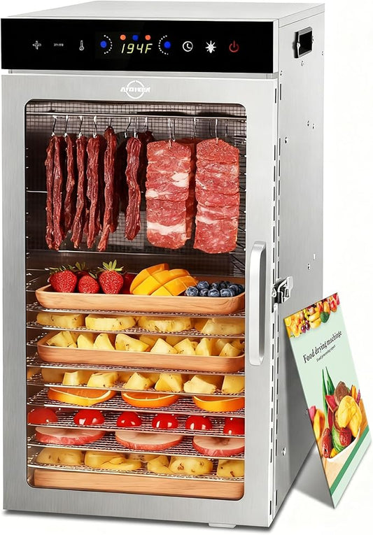 Food Dehydrator Machine 18Tray, 800W Dual Fan Fast Drying, 24H Timer, 86-194℉ Control, Noise Below 45dB, LED Panel, Stainless Steel Dehydrators for Food and Jerky Herb Meat Fruit, Rectangular