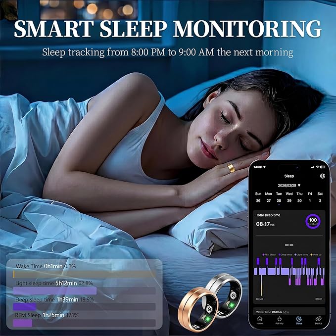Smart Ring for Women Men, All-New Matte Scratch-Resistant Design, Health & Fitness Tracker for Sleep, Stress & Activity Monitoring, Long Battery Life, Waterproof, No App Fee, Gold 7