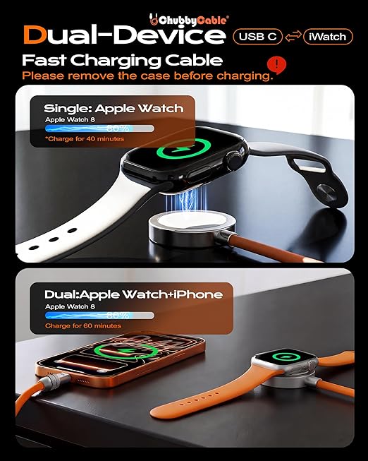 chubbycable Duo-Core Flex 2-in-1 USB C Cable 100W Fast Charging 5W [40Mins 80%] Magnetic Apple Watch Charger 4FT Soft Silicone Compatible with iWatch, iPhone, iPad, MacBook, AirPods, Orange