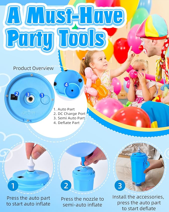Portable Balloon Pump Electric, Rechargeable Cordless Balloon Pump Inflator for All Balloons, Latex 260q Foil Mylar Balloon Inflation, Quick-Fill Inflator& Deflator for Inflatables,Blue