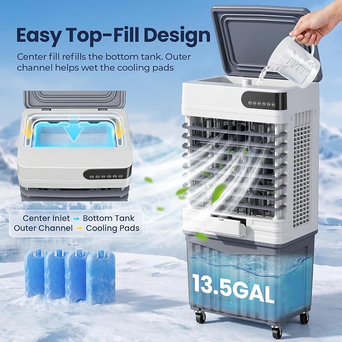 3600 CFM Swamp Cooler, Portable Evaporative Air Cooler with 13.5 Gal Water Tank, 4 Ice Packs, 120° Oscillation, 3 Speeds, 12H Timer, Remote Cooling Fan for Garage Patio,Large Room
