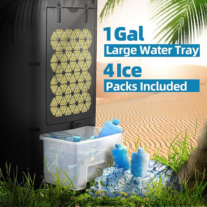 NOMEY 3-IN-1 Portable Air Conditioners 4 Modes & 3 Speeds, Waterless Alert System, 12H Timer, 1 Gal Detachable Water Tank, 4 Ice Packs, Remote, 70° Oscillation Windowless Evaporative Air Cooler