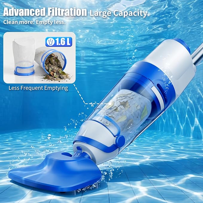 Cordless Pool Vacuum for Inground & Above Ground Pools: 23.8 GPM Powerful Stable Suction, Telescopic Pole up to 90.6", 60-Min Runtime, Extra-Large Filter & Rechargeable Pool Cleaner for Spas/Hot Tubs
