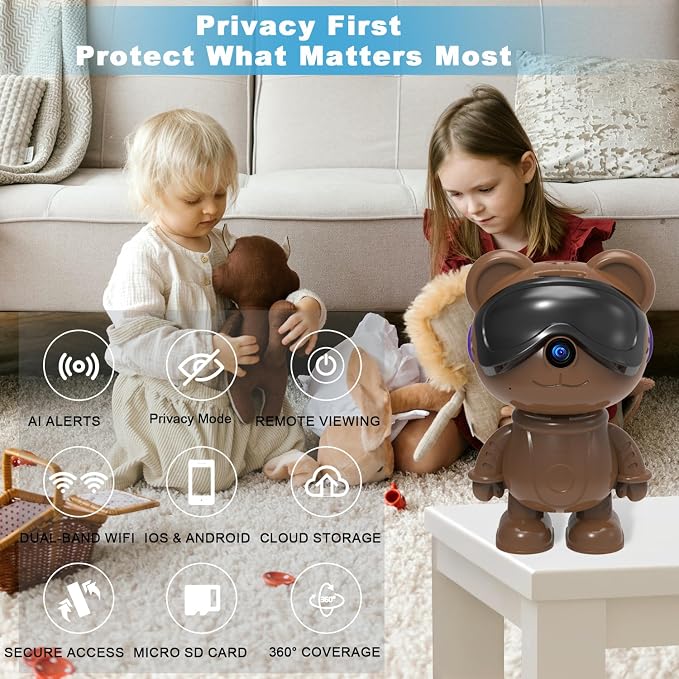 3K 5MP Indoor Security Camera for Home – Cute Bear Baby Monitor & Pet Camera, 2.4/5G WiFi, AI Human & Pet Detection with Auto Tracking, IR Night Vision, RTSP/ONVIF, Works with Alexa & Google