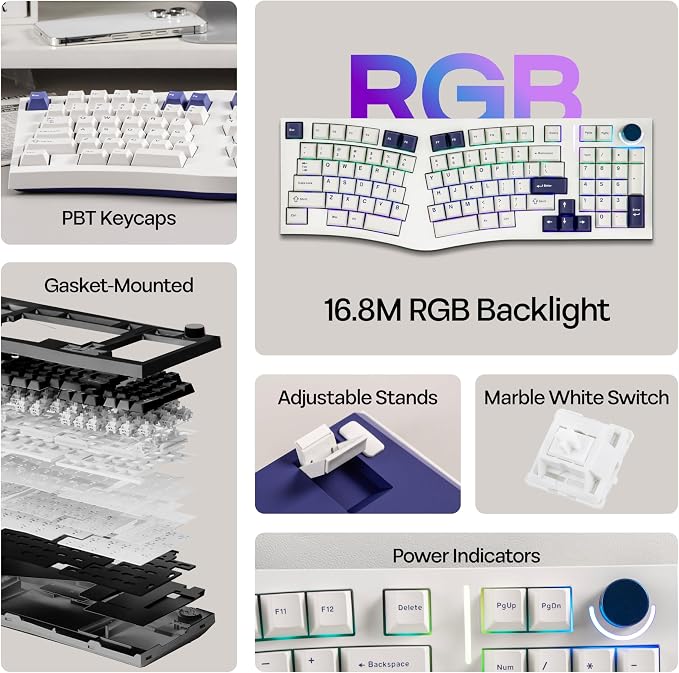 MechLands Feker Alice98 Ergonomic 98 Keys Custom Mechanical Keyboard, VIA Programmable, USB-C Wired Gaming Keyboard, Hot Swappable, 5 Layer Paddings, Control Knob, NKRO, RGB for Win/Mac (White)