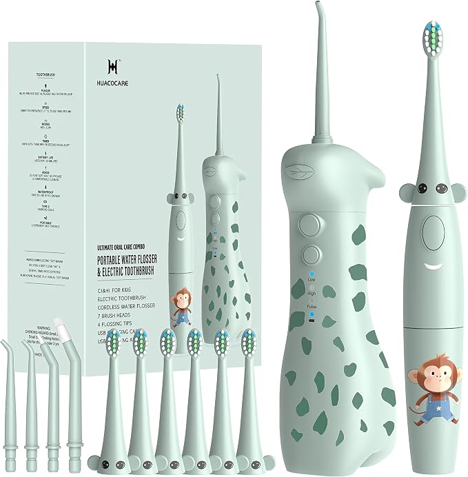 Kids Water Flosser & Electric Toothbrush Combo for Ages 6-12,Children Oral Irrigator with 3 Gentle Modes & 2 Sonic Modes,Braces-Friendly Dental Kit for Boys & Girls (Giraffe & Monkey Design)