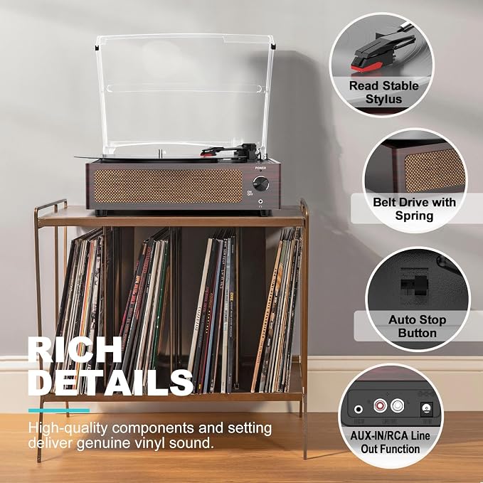 Vinyl Record Player with Speakers Vintage Turntable for Vinyl Records Belt-Driven Turn Table 3-Speed 3 Size Wireless Playback Headphone AUX-in RCA Line LP Vinyls Players Auto Stop Dark Red