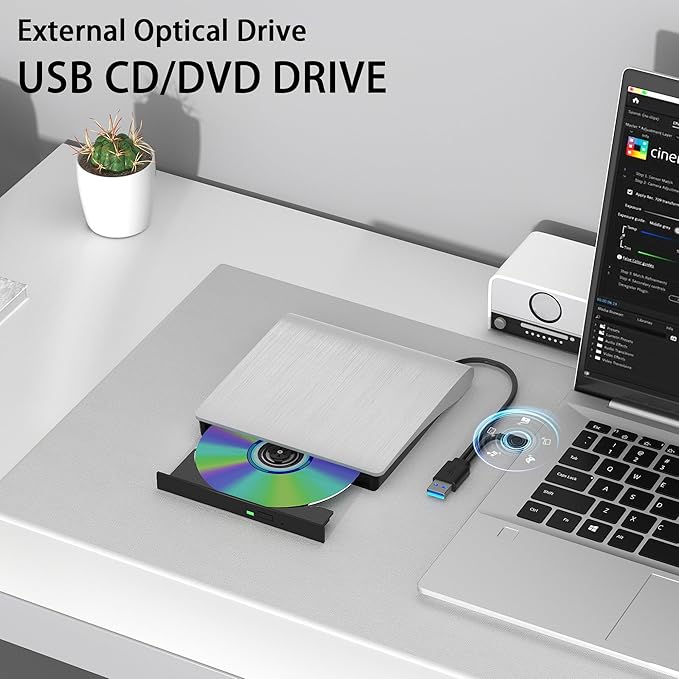 External CD/DVD Drive for Laptop PC CD DVD Player USB 3.0 Portable Optical Drive CD Burner Compatible with Windows 10 11 Linux Mac OS (White)