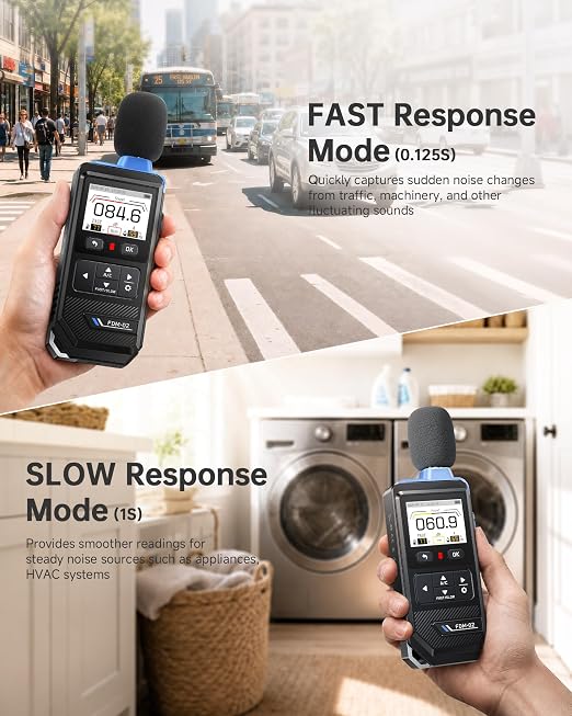 FNIRSI FDM-02 Decibel Meter, 30–130dB Sound Level Meter with 2" IPS Screen, A/C Weighting & Fast/Slow Response, Rechargeable for Home, Audio & Workplace Noise
