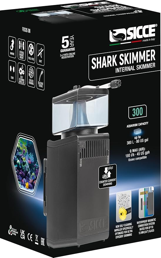 Sicce Shark Nano Protein Skimmer 300 up to 80 Gallon Saltwater Aquariums | Ultra Quiet Pump, Adjustable, Compact, Small Aquarium Marine Reef Tank