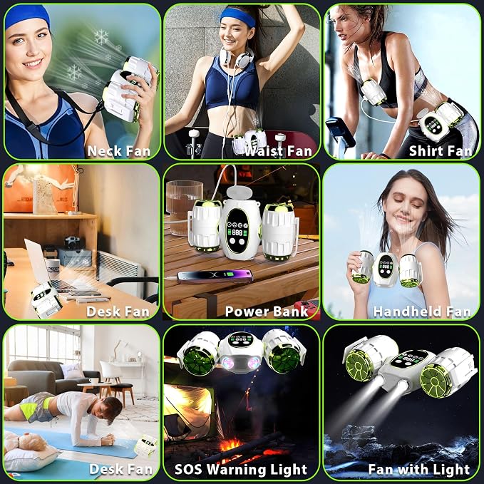 Portable Waist Fan, Shirt Fan with Light, 2025 Upgrade Cool Clip Rechargeable,8000mAh Power Bank,4 Speeds 12000RPM Strong Airflow for Camping Travel Fishing Hiking Cycling (Green White)