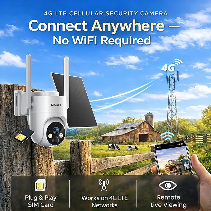 SOLIOM 4G LTE Cellular Security Camera, No WiFi Security Camera for Remote Areas, Solar Powered Wireless Outdoor Camera, 2K Color Night Vision, 360° Pan & Tilt, PIR Motion Detection, Off-Grid S90