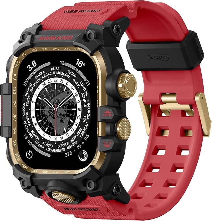 amBand M3 Rugged Case with Band Designed for Apple Watch Series 9/8/7 45mm, Military Bumper Heavy Duty Protector Protective Cover Shockproof Tactical Sport Accessories for iWatch Men, Red