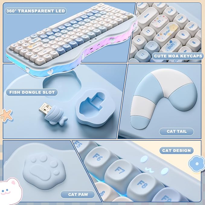 YUNZII C75 Wireless Mechanical Keyboard,75% Layout, Hot-Swappable NKRO,BT5.0/2.4G/USB-C Mode,Dye-Sub PBT MOA Keycaps,RGB Gasket Mount,Cute Cake Design for Mac/Win/Gaming (Blue, Milk V2 Switch)