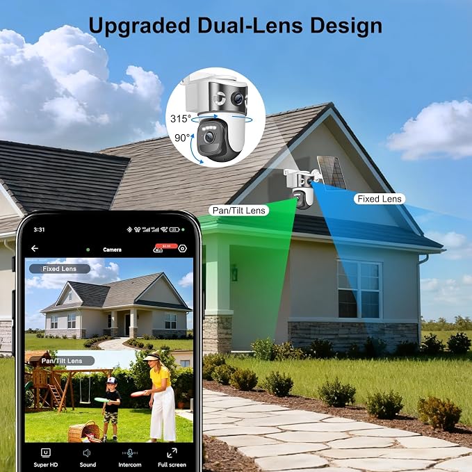 8MP 4K Solar Security Camera Outdoor, Dual Lens Wireless WiFi PTZ Camera, 360° Pan 90° Tilt, Color Night Vision, Auto Human Tracking, Two-Way Audio, IP66 Weatherproof Home Surveillance Camera