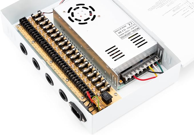 18 Channel CCTV Power Supply Box 12V 30A – High Capacity Power Distribution Box for Security Cameras, Lockable Metal Enclosure with Fused Outputs, Includes Extra fuses & Screw Driver
