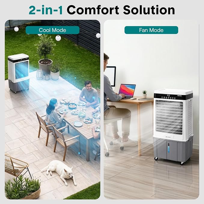 SereneLife Portable Air Cooler with 2800 CFM Power – High-Performance Evaporative Air Cooler for Indoor and Outdoor Spaces, 35 L Tank, 60° Oscillation, 12-Hour Timer, Remote Control Cooling System