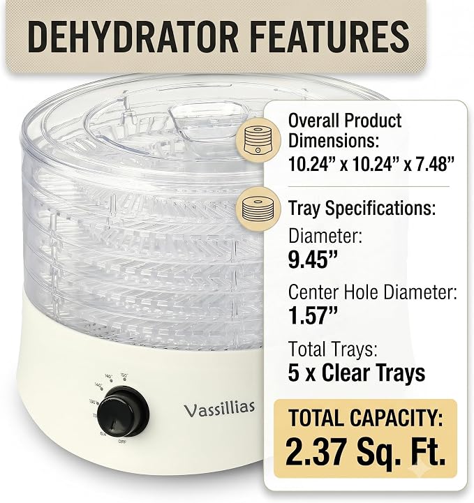 Small Food Dehydrator Dryer - Dehydrator for Healthy Food, Meat, Jerky, Fruit, Vegetable, Mushroom and Herb, 280W, 158°F, Mini Dryer with 5 BPA-Free Drying Trays, White, Model 704M