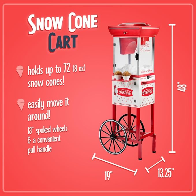 Nostalgia Coca-Cola 48-Inch Tall Snow Cone Cart, Makes 72 Icy Treats, Includes Metal Scoop, Storage Compartment, Wheels For Easy Mobility – Coke Red