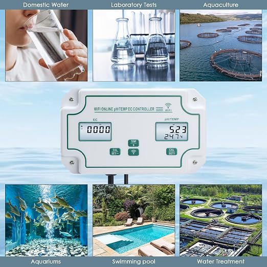 Smart EC pH Temperature Monitor for Hydroponics, 3-in-1 WiFi Water Quality Tester pH EC Controller with Dual Relay Output for Nutrient Reservoir Electric Conductivity Controller pH Meter for Aquarium