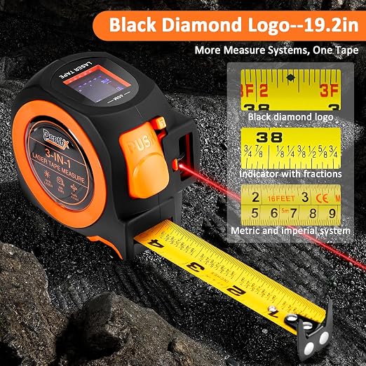 3-in-1 Laser Tape Measure, 197ft Laser Distance Meter, 16ft Digital Tape Measure, Digital Level, Pythagorean/Area/Volume, Rechargeable, Ft/Ft+in/in/M Units, 40 Data Sets