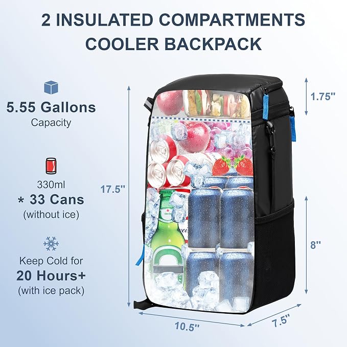 SPARTER Backpack Cooler Insulated Leak Proof 33/49 Cans, 2 Insulated Compartments Thermal Bag, Portable Lightweight Beach Travel Camping Lunch Backpack for Men and Women