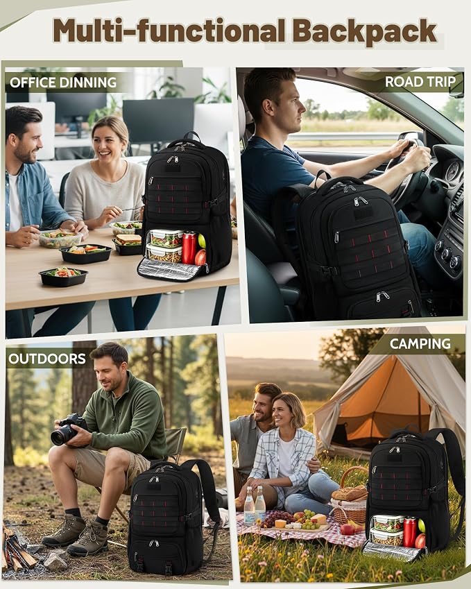 RAINSMORE Laptop Backpack with Lunch Compartment,40L Large Capacity Lunch Backpack for Men Work Backpack with USB Post Insulated Cooler Backpack for Work, Travel, Picnic, Black
